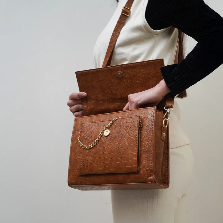 Modish Carry | Croc-Embossed Brown Leather Bag – Stylish Women’s Handbag