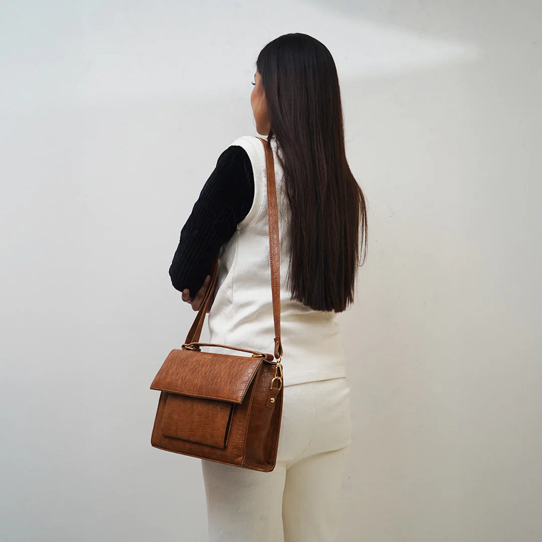 时尚手提包 | 鳄鱼纹压花包 – 棕色“低调奢华”大容量手提包