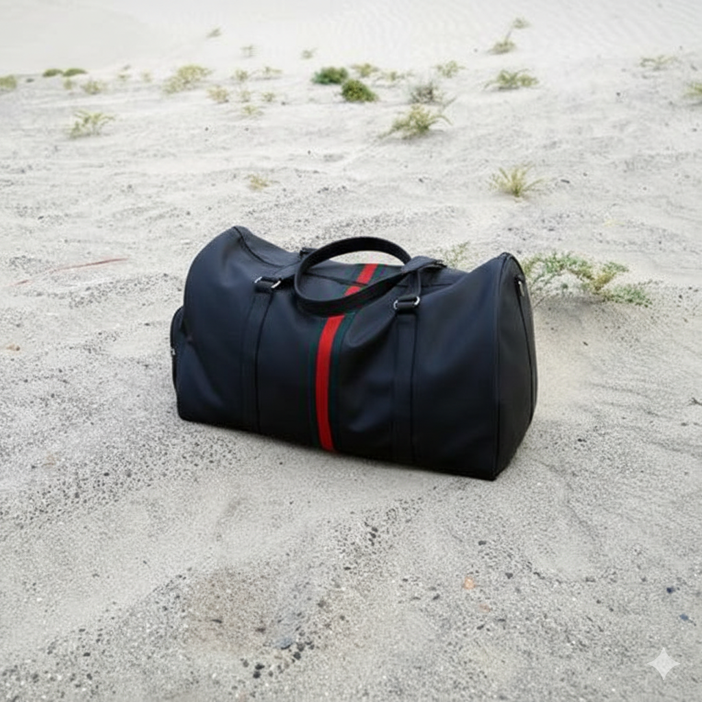 时尚手提包 | GG 条纹黑色男女通用纯素皮革大号旅行包