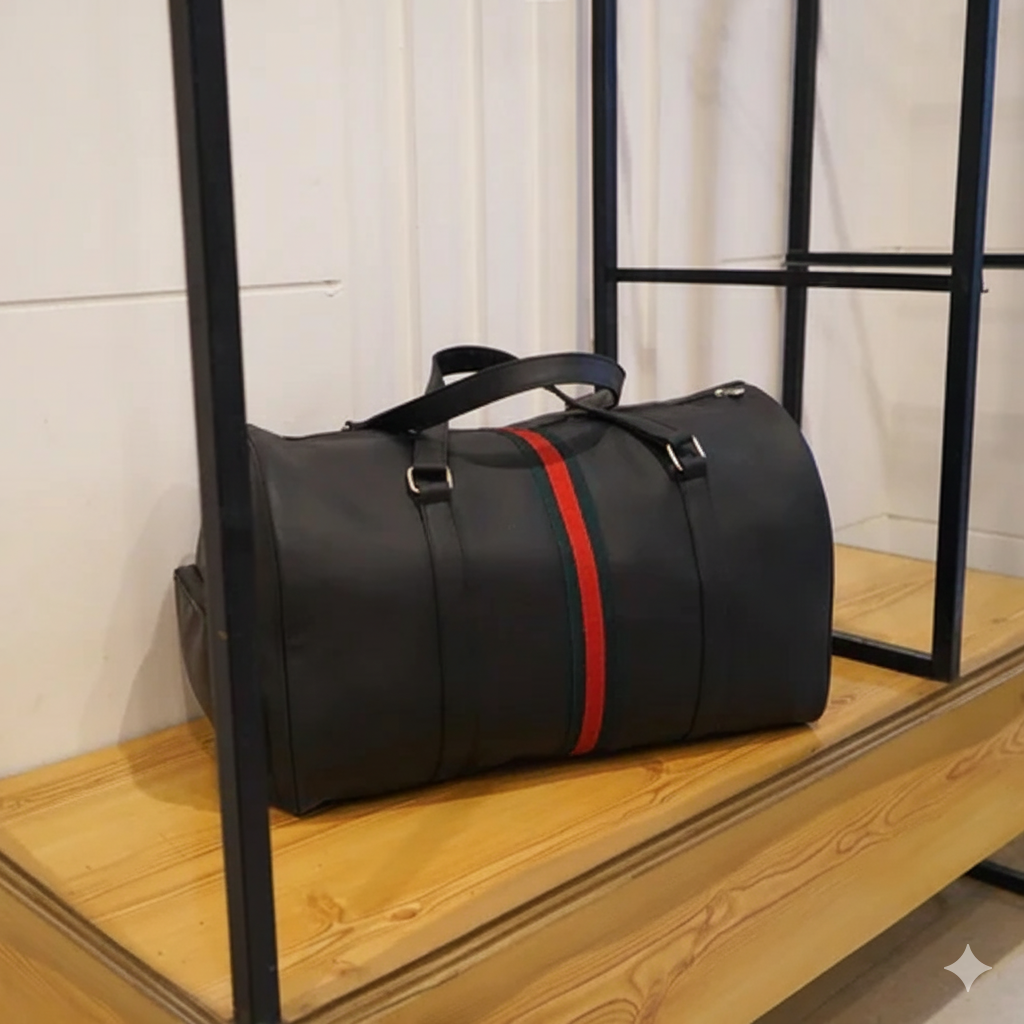 时尚手提包 | GG 条纹黑色男女通用纯素皮革大号旅行包