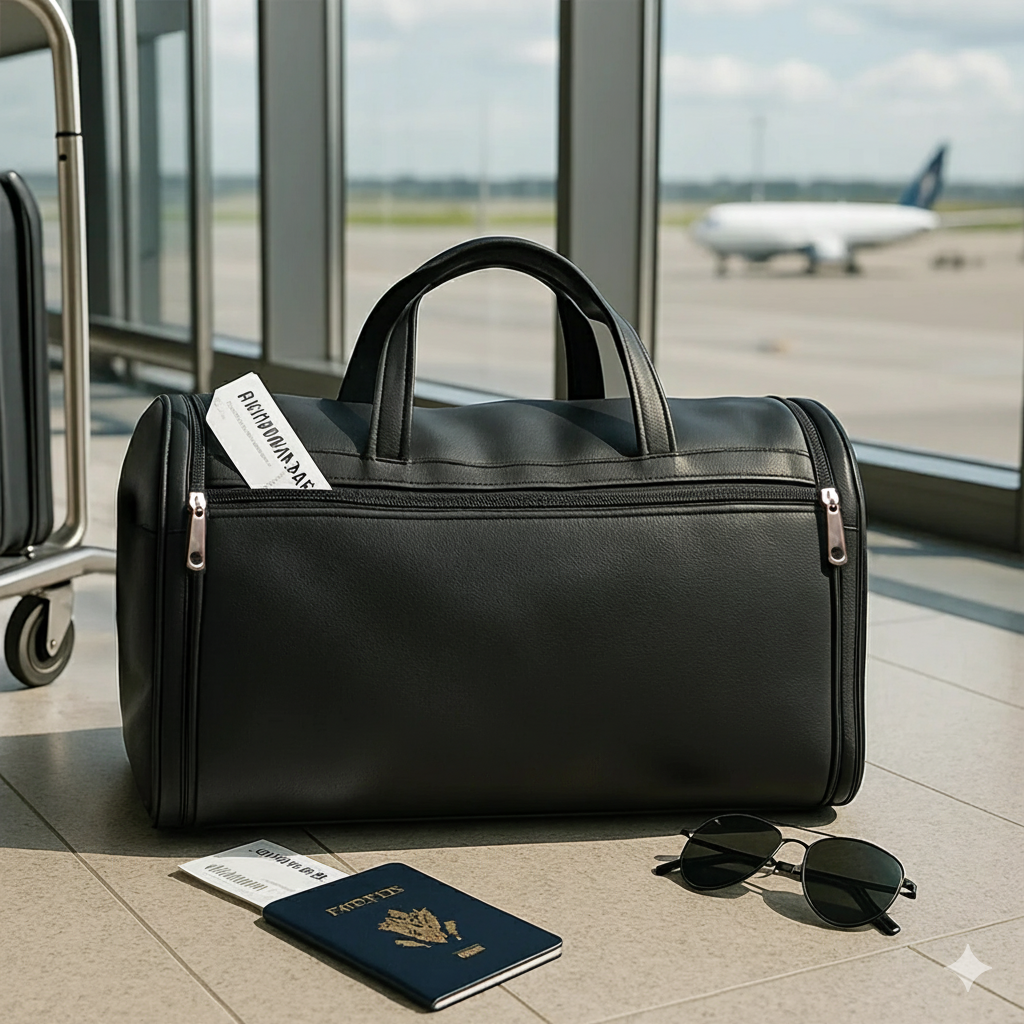 حقيبة أنيقة للسفر | حقيبة سفر سوداء قابلة للتوسيع للجنسين مصنوعة من الجلد النباتي بحجم مناسب لحملها في مقصورة الطائرة
