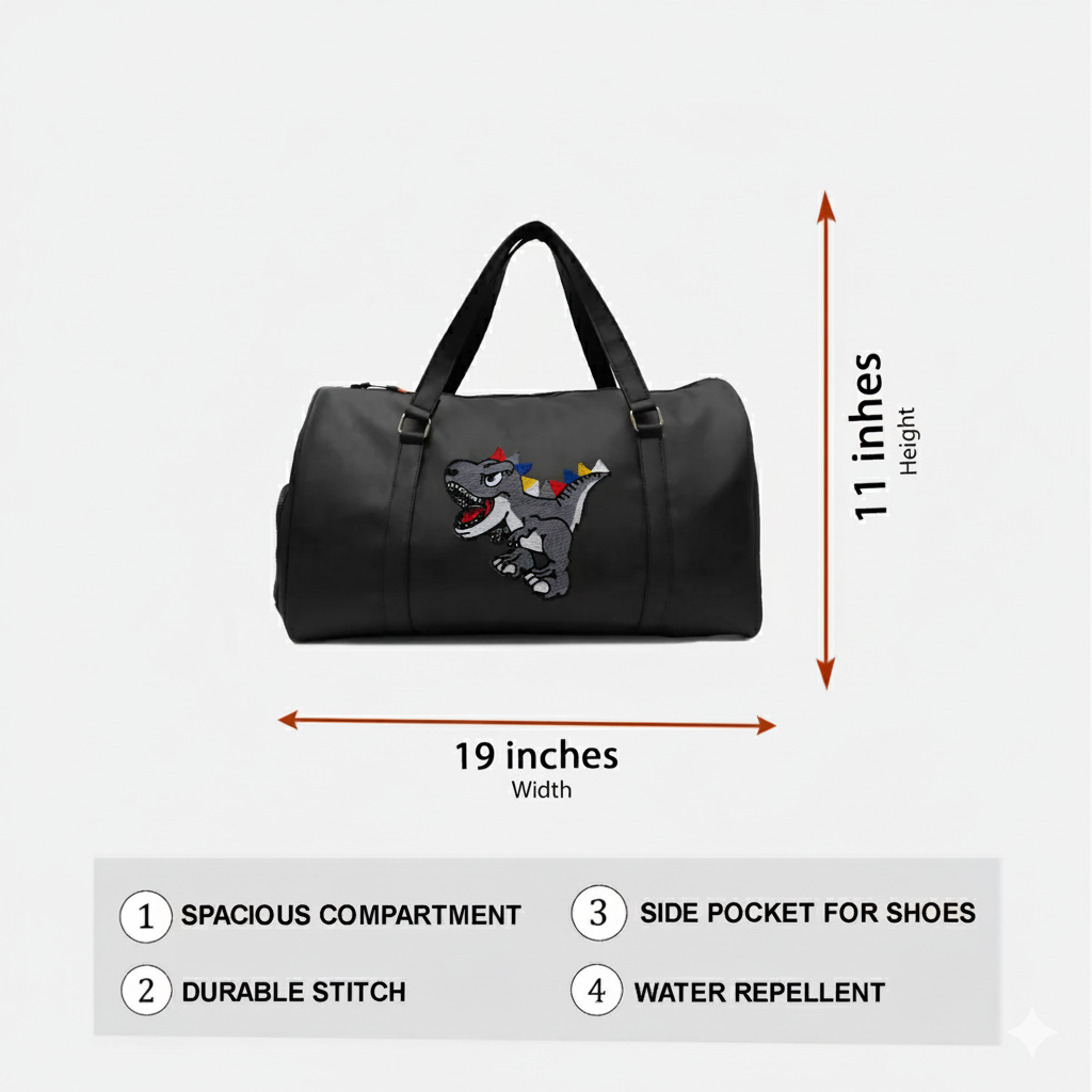 时尚手提包 | 恐龙图案黑色男女通用纯素皮革过夜旅行包