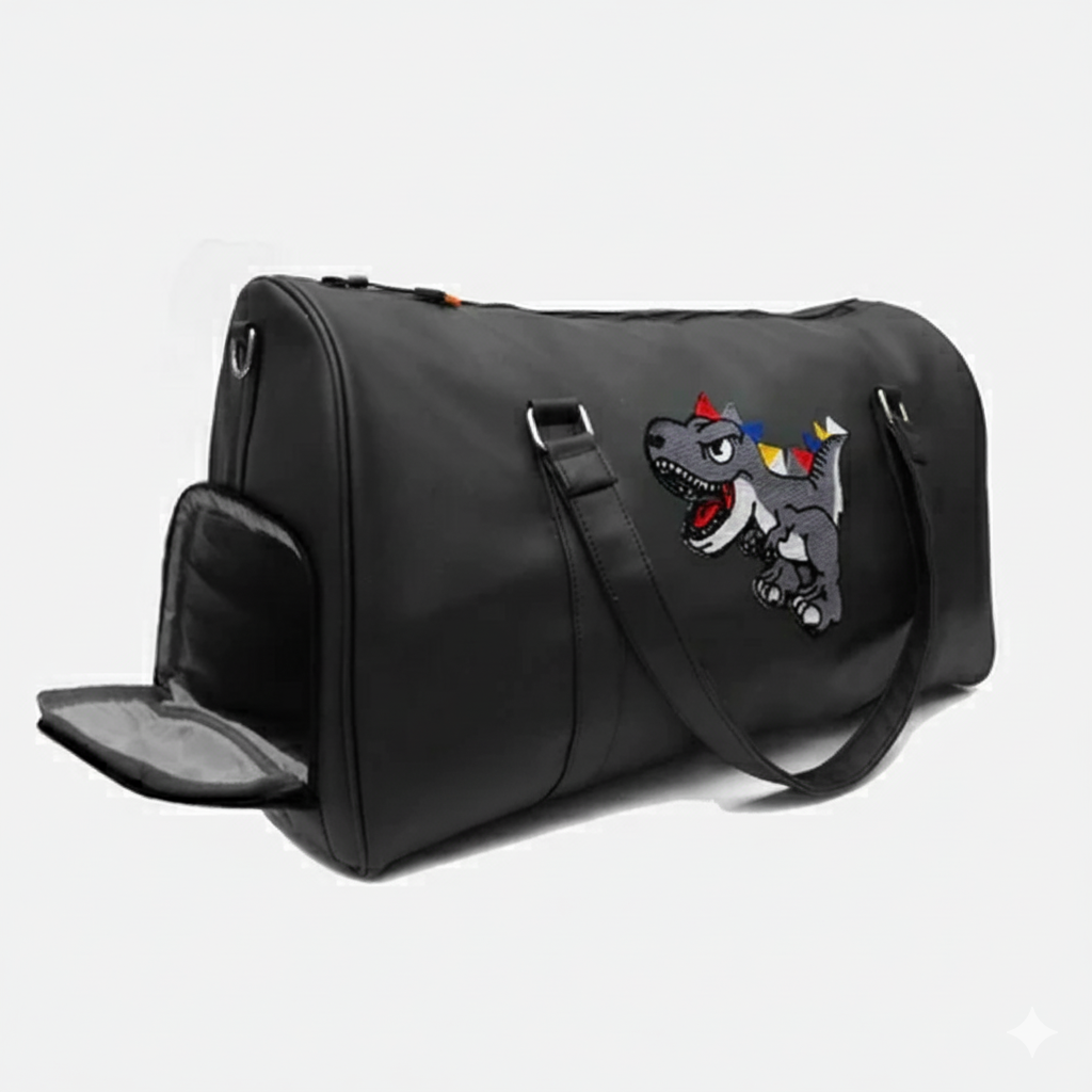时尚手提包 | 恐龙图案黑色男女通用纯素皮革过夜旅行包