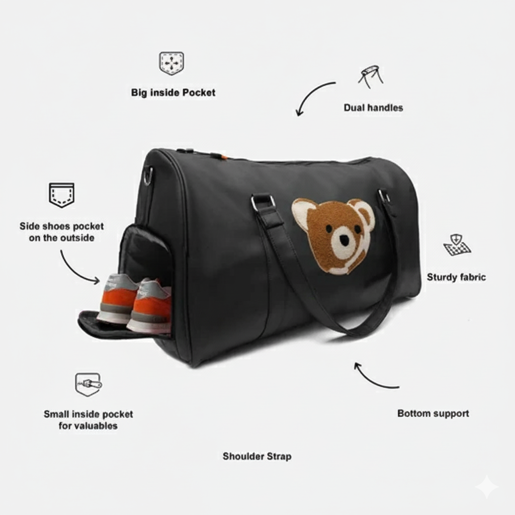 Modish Carry | Cloud Bear ブラック ユニセックス ヴィーガンレザー トレンディ エクスプローラー ダッフル