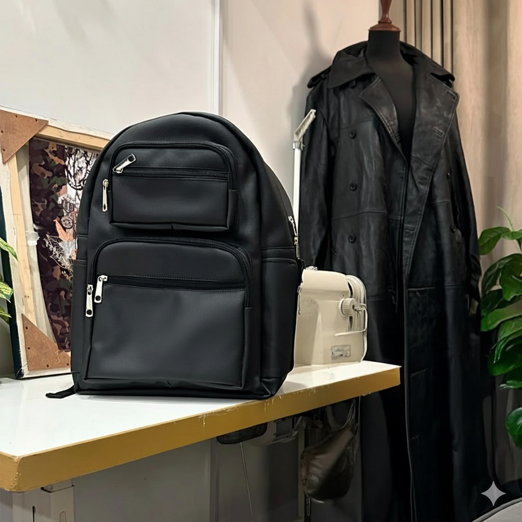 Modish Carry | Beg Universiti Trendi Kulit Vegan Uniseks Hitam Sepanjang Hari