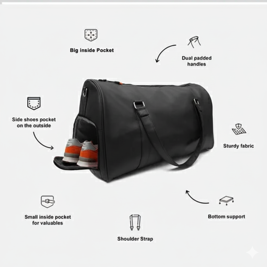 Modish Carry | Basic Black Duffle Bag – Perfect Gym & Travel Bag for Busy Lives