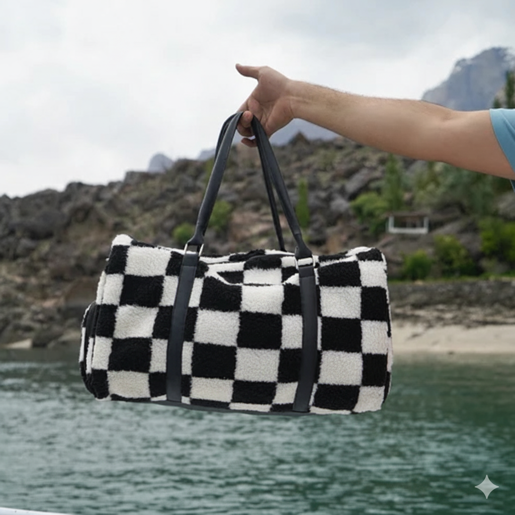 时尚手提包 | 方格纹男女通用纯素皮革周末旅行包