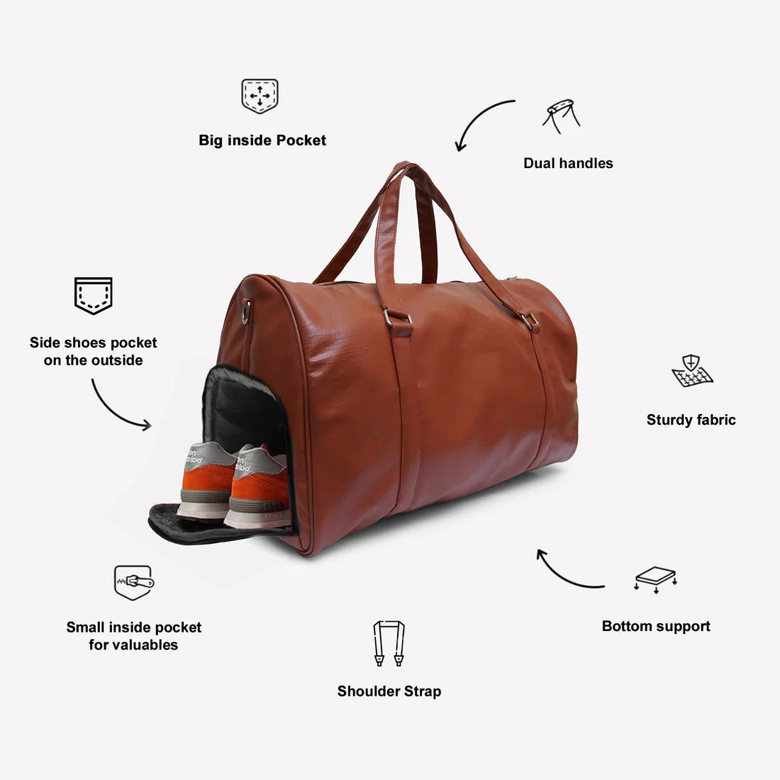 时尚手提包 | 粘土红棕色男女通用纯素皮革潮流手工旅行包