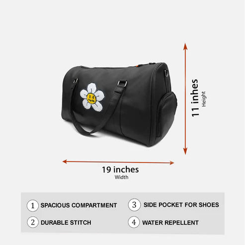 时尚手提包 | 雏菊图案黑色男女通用周末旅行纯素皮革健身包