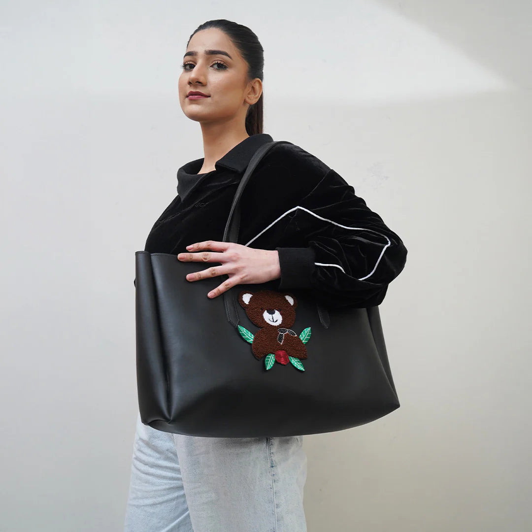 时尚手提包 | 黑色泰迪熊手提包 2.0 | 柔软冬季旅行托特包